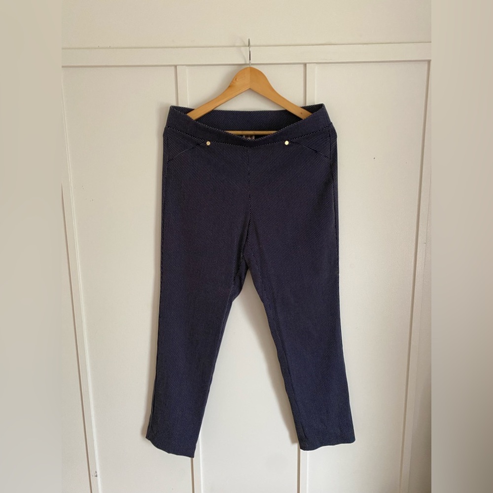 Cropped dress pants. Navy with white micro dots